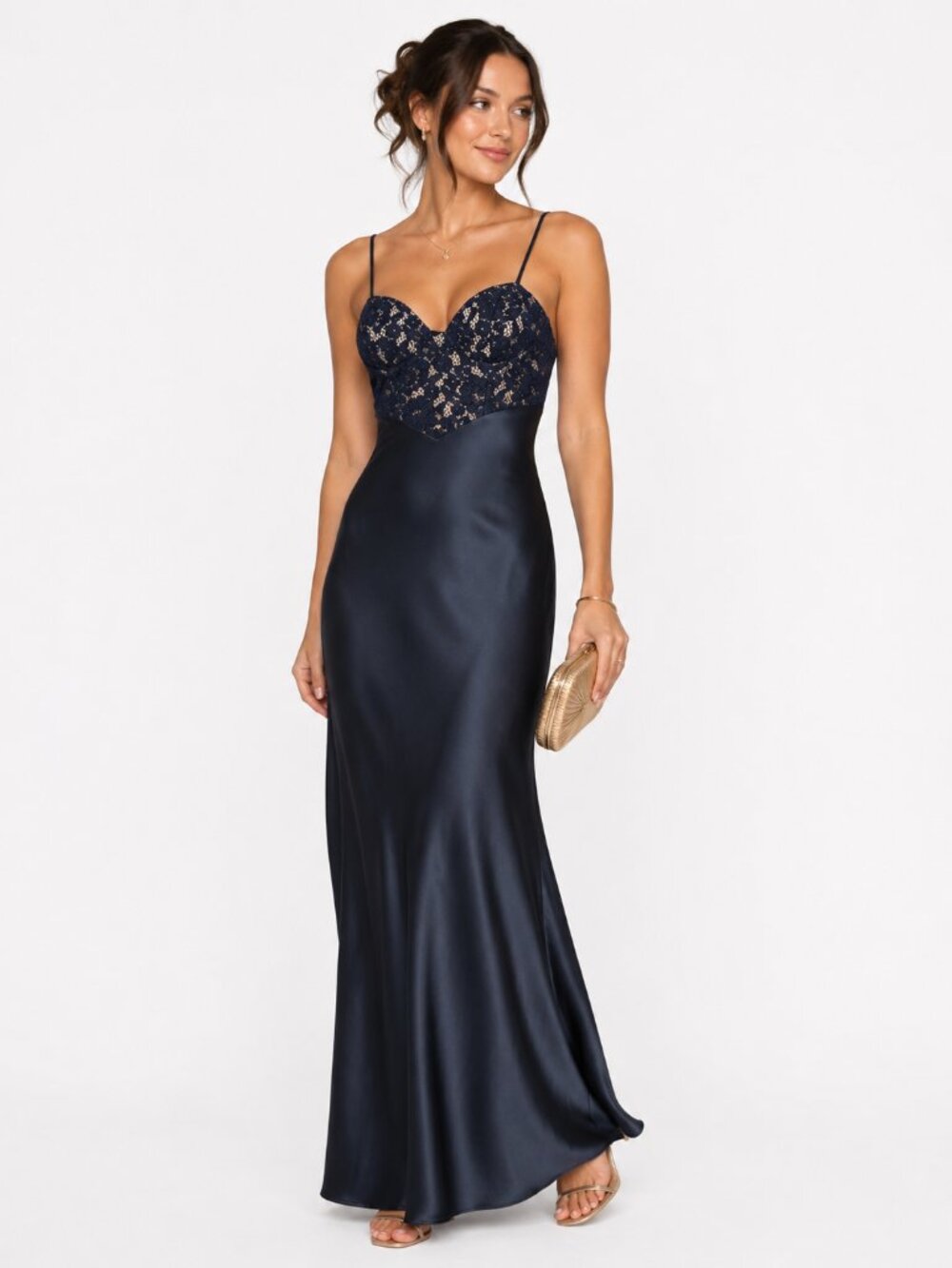 Here Comes the Sun Lace Bodice Satin Maxi Dress Formal Gown Navy Blue S NWT